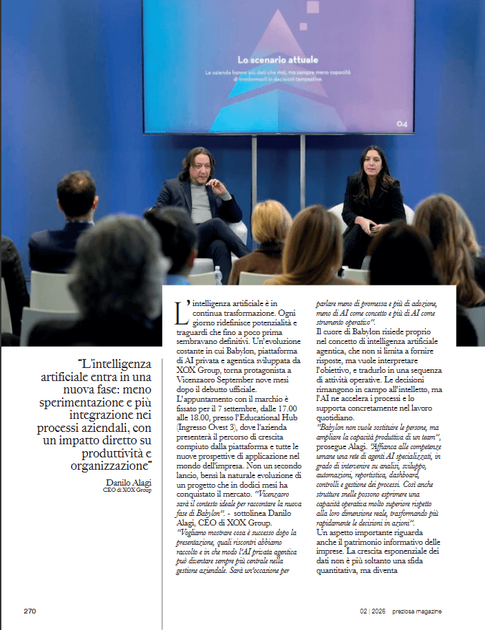 Danilo Alagi et Giulia Crivellin lors de la présentation de Babylon à Vicenzaoro January 2026, dans la page de Preziosa Magazine consacrée à l’IA agentique de XOX Group