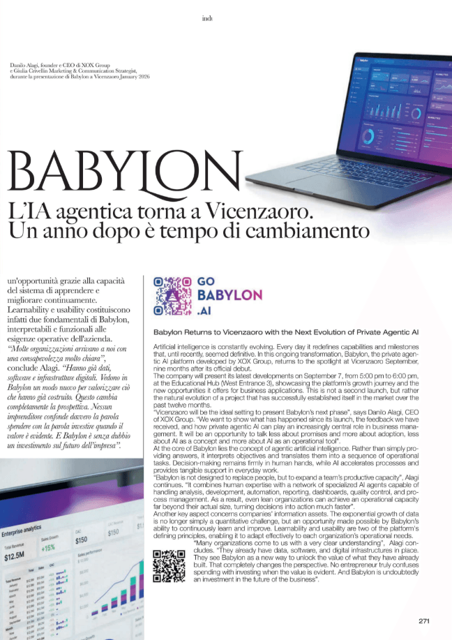 Preziosa Magazine 02/2026 : l’article « Babylon – L’IA agentique revient à Vicenzaoro. Un an après, l’heure est au changement » consacré à XOX Group