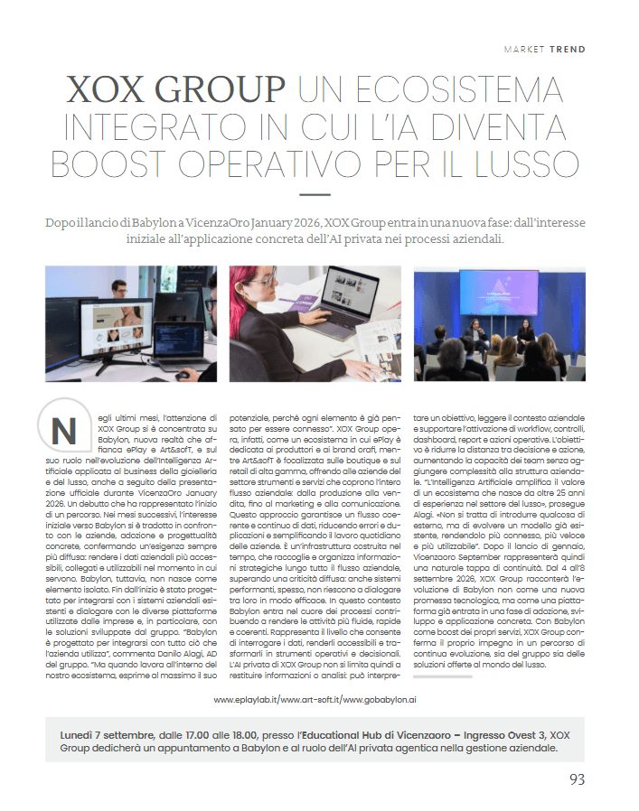 Page de L’Orafo Italiano avec l’article « XOX Group, un écosystème intégré dans lequel l’IA devient un levier opérationnel pour le luxe »