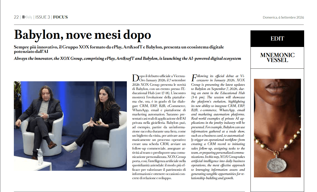 Page de VO+ Daily à Vicenzaoro September 2026 avec l’article « Babylon, nove mesi dopo » consacré à l’écosystème numérique de XOX Group