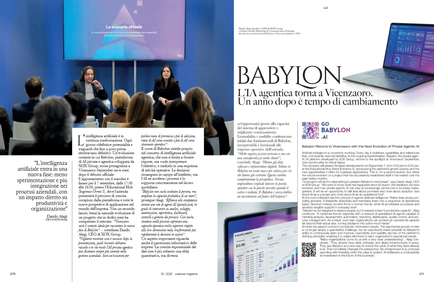 Doppia pagina di Preziosa Magazine 02/2026 con l’approfondimento su Babylon, l’AI agentica di XOX Group